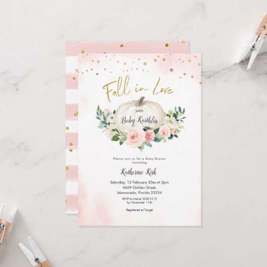 Gold Pink Herfst in Love Baby shower Kaart (Voorkant / Achterkant in situ)