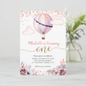 Gold Pink Hot Air ballonmeisje, eerste verjaardag Kaart (Staand voorkant)