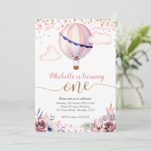 Gold Pink Hot Air ballonmeisje, eerste verjaardag Kaart (Staand voorkant)