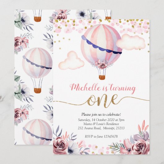 Gold Pink Hot Air ballonmeisje, eerste verjaardag Kaart (Voorkant / Achterkant)