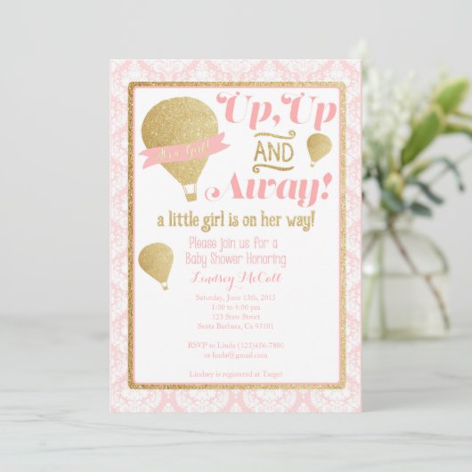 Gold Pink Hot Air Balloon Baby shower Uitnodiging (Staand voorkant)