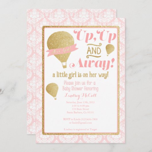 Gold Pink Hot Air Balloon Baby shower Uitnodiging (Voorkant / Achterkant)