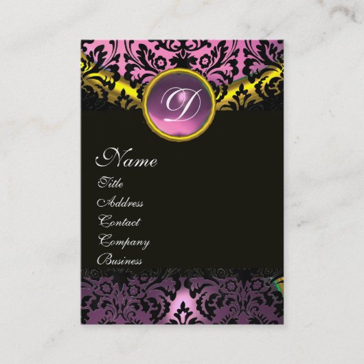 GOLD PINK LAVENDER BLACK AMETHYST DAMASKMONOGRAM VISITEKAARTJE (Voorkant)