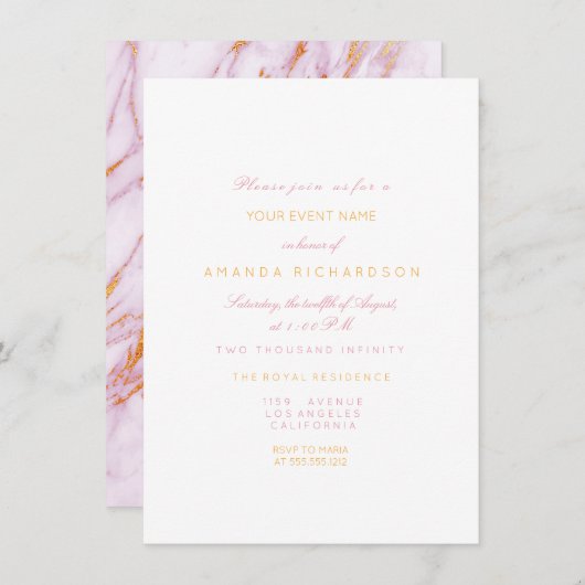 Gold Pink Marble Birthday Party Pastel Forma White Kaart (Voorkant / Achterkant)