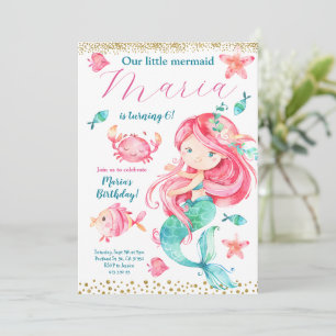 Gold Pink Mermaid Birthday Uitnodiging