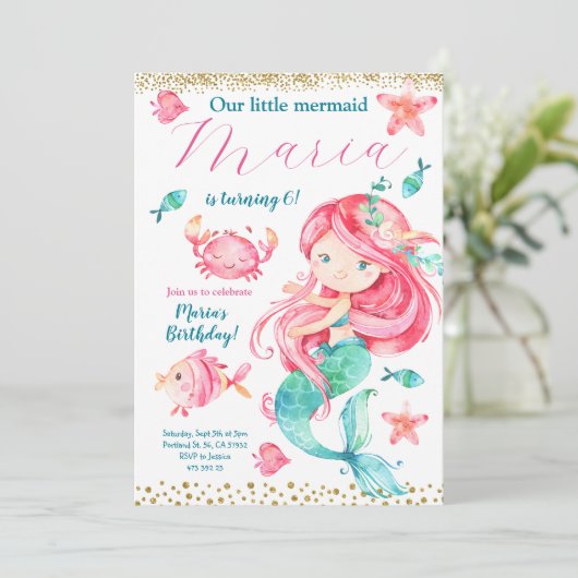 Gold Pink Mermaid Birthday Uitnodiging (Staand voorkant)