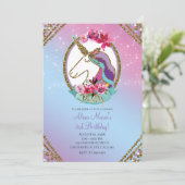 Gold Pink Paars Magical Unicorn Birthday Party Kaart (Staand voorkant)