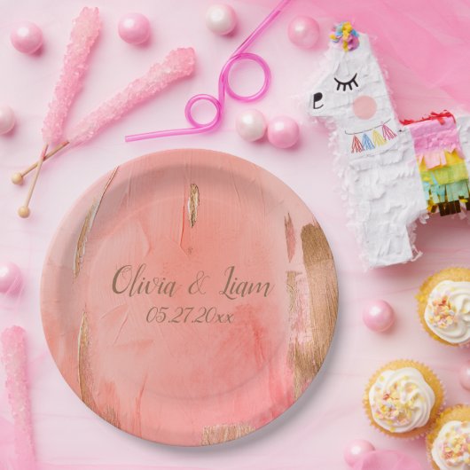 Gold Pink Peach Name Date Elegant Wedding Papieren Bordje (Feest)