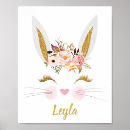 Gold Pink Peony Rabbit face Print Nursery Poster