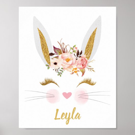 Gold Pink Peony Rabbit face Print Nursery Poster (Voorkant)