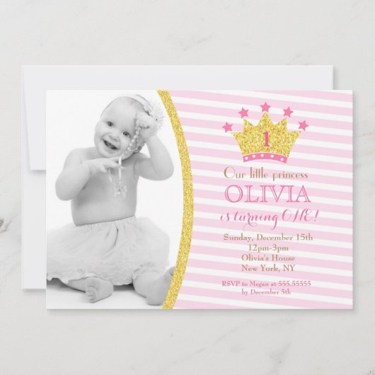 Gold Pink Princess Photo Birthday Invitations Kaart (Voorkant)