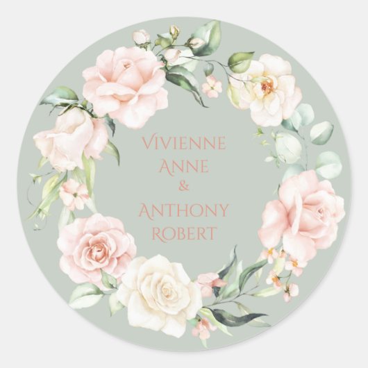 Gold Pink Sage Green Floral Names Wedding Ronde Sticker (Voorkant)