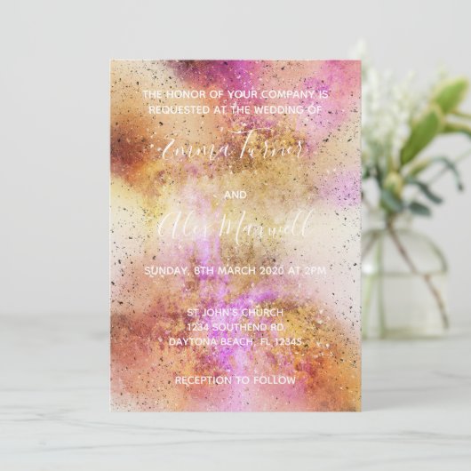 Gold Pink Sky Wedding Invitation Script Briefkaart (Staand voorkant)