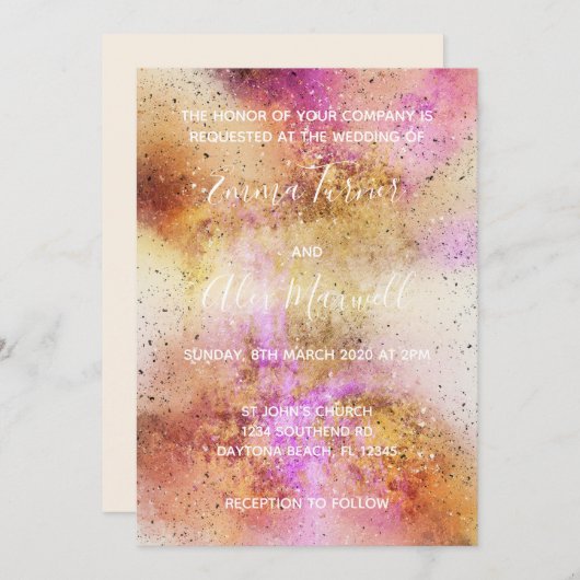Gold Pink Sky Wedding Invitation Script Briefkaart (Voorkant / Achterkant)