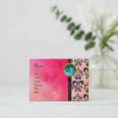 GOLD PINK SPARKLING DAMASK MONOGRAM, fuchsia blue Visitekaartje (Staand voorkant)