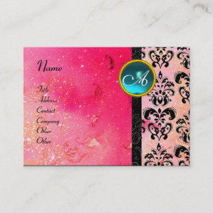 GOLD PINK SPARKLING DAMASK MONOGRAM, fuchsia blue Visitekaartje