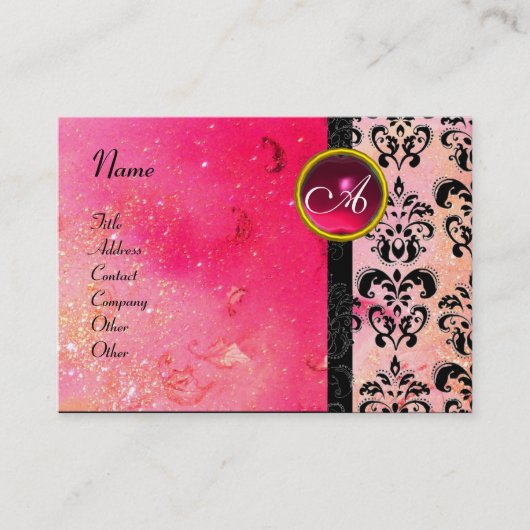 GOLD PINK SPARKLING DAMASK MONOGRAM, fuchsia ruby Visitekaartje (Voorkant)