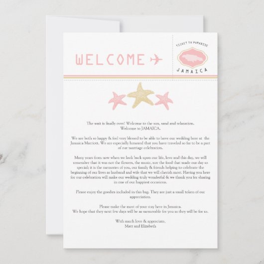 Gold Pink Starfish Jamaica Weddenschap Welkomstbri (Voorkant)