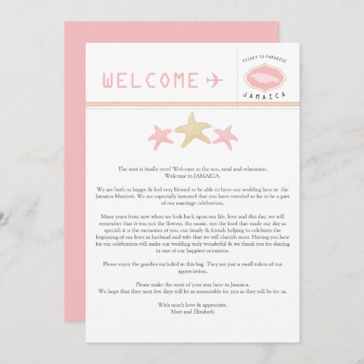 Gold Pink Starfish Jamaica Weddenschap Welkomstbri (Voorkant / Achterkant)