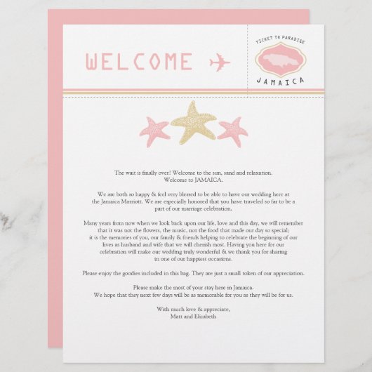 Gold Pink Starfish Jamaica Weddenschap Welkomstbri (Voorkant / Achterkant)