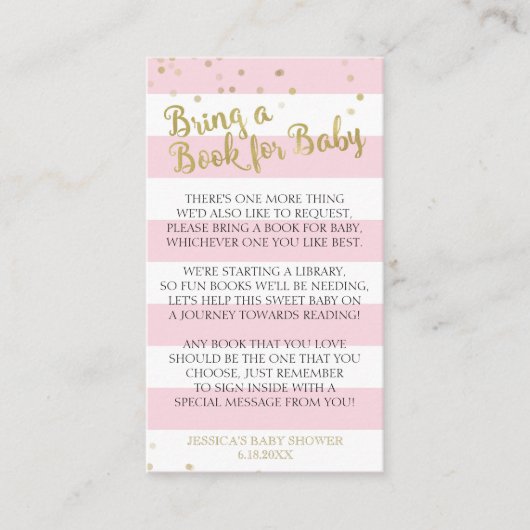 Gold Pink Stripes Baby shower Breng een boek Inser Informatiekaartje (Voorkant)