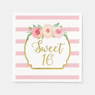 Gold Pink Stripes Flowers Sweet 16 Birthday Servet