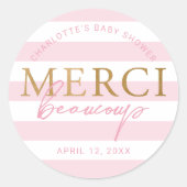 Gold Pink Stripes Merci Beaucoup Ronde Sticker (Voorkant)