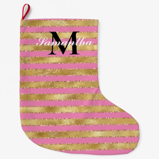Gold Pink Stripes Monogram Grote Kerstsok (Voorkant)