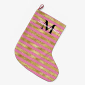 Gold Pink Stripes Monogram Grote Kerstsok (Voorkant (Hangend))