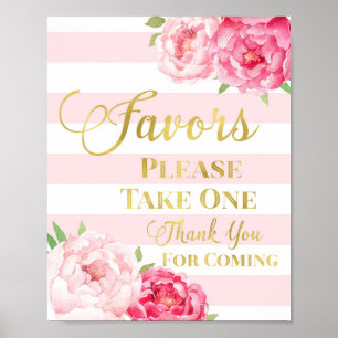 Gold Pink Stripes Waterverf Floral Favors Sign Poster