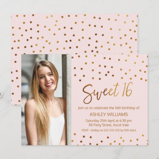 Gold Pink Sweet Sixteen Verjaardag Uitnodiging (Voorkant / Achterkant)