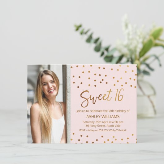 Gold Pink Sweet Sixteen Verjaardag Uitnodiging (Staand voorkant)