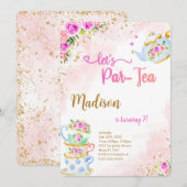 Gold & Pink Tea Party Uitnodiging voor verjaardag (Voorkant / Achterkant)