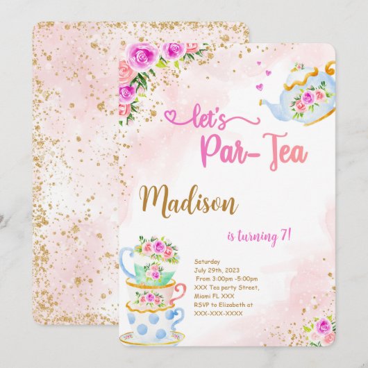 Gold & Pink Tea Party Uitnodiging voor verjaardag (Voorkant / Achterkant)