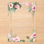 Gold Pink Tropical Beach Destination Vrijgezellenf Acryl Uitnodigingen (Voorkant)