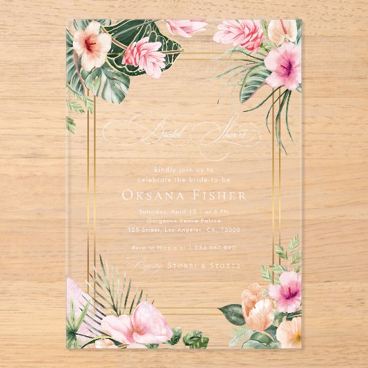 Gold Pink Tropical Beach Destination Vrijgezellenf Acryl Uitnodigingen (Voorkant)