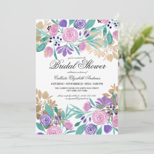 Gold Pink Violet Floral Waterverf Vrijgezellenfees Kaart (Staand voorkant)