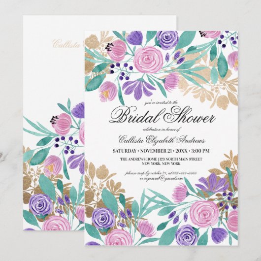 Gold Pink Violet Floral Waterverf Vrijgezellenfees Kaart (Voorkant / Achterkant)