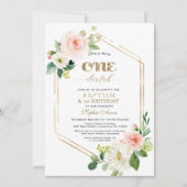 Gold Pink White Flowers First Birthday & Baptisme Kaart (Voorkant)