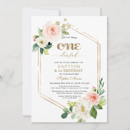 Gold Pink White Flowers First Birthday & Baptisme Kaart
