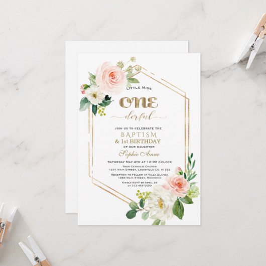 Gold Pink White Flowers First Birthday & Baptisme Kaart (Voorkant / Achterkant in situ)