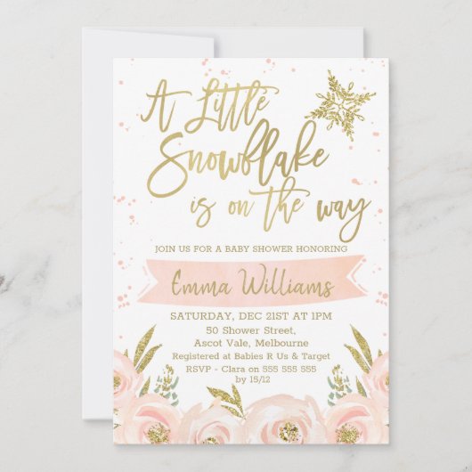 Gold Pink Winter Snowflake Baby shower Uitnodiging (Voorkant)