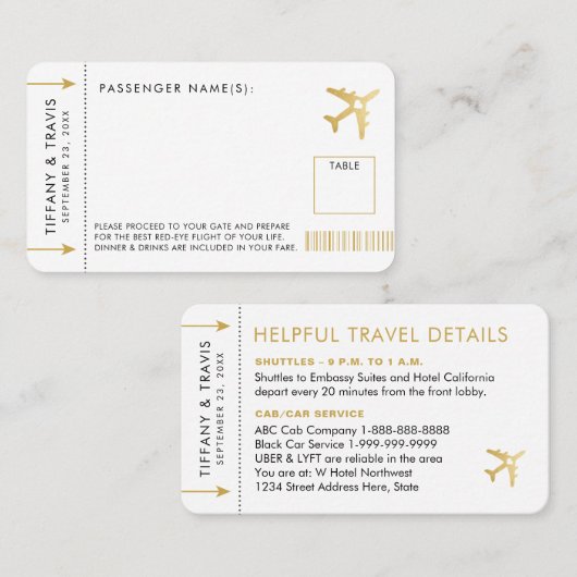 Gold Plane Ticket Boarding Pass Place Escort Kaart (Voorkant / Achterkant)