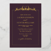 Gold Plum Paars Floral Border Monogram Weddenschap Folie Uitnodiging (Voorkant)