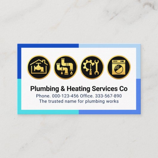 Gold Plumbing Icons On Blue Frame Visitekaartje (Voorkant)