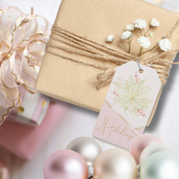 Gold Poinsettia Trendy Script Pink Happy Holiday Cadeaulabel