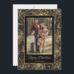 Gold Poinsettias Black Christmas Photo Feestdagenkaart<br><div class="desc">Gold poinsettias,  holly and berries on a black background and your favorite photo with Merry Christmas and your names in chic lettering are a beautiful way to send holiday cheer. Select Matte for heaviest paper and high definition for best print quality.</div>