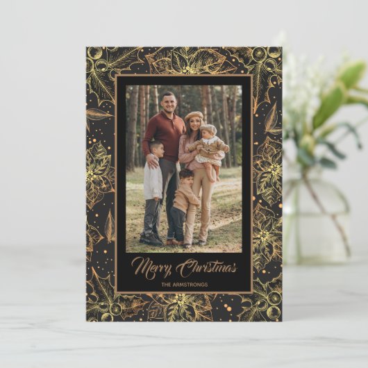Gold Poinsettias - Zwarte kerstfoto Feestdagenkaart (Staand voorkant)