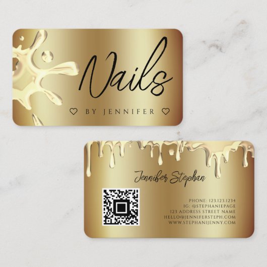 Gold Poland Splash Drip Nails QR Code Gold Visitekaartje (Voorkant / Achterkant)
