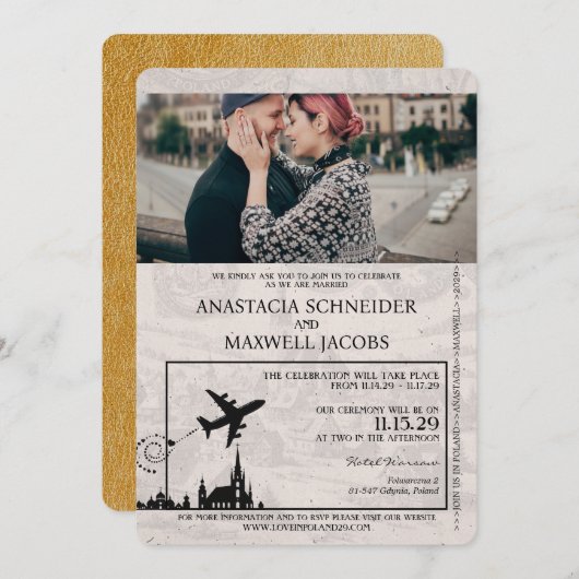 Gold Polen Paspoort Uitnodiging voor de bruiloft (Voorkant / Achterkant)